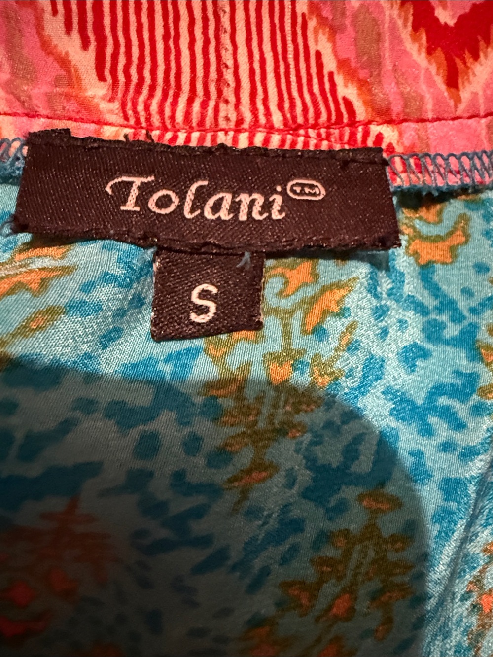 Tolani 100% Silk Boho Luxe Tunic Dress Turquoise Pink Geometric Ruffle Hem Small - Picture 14 of 15